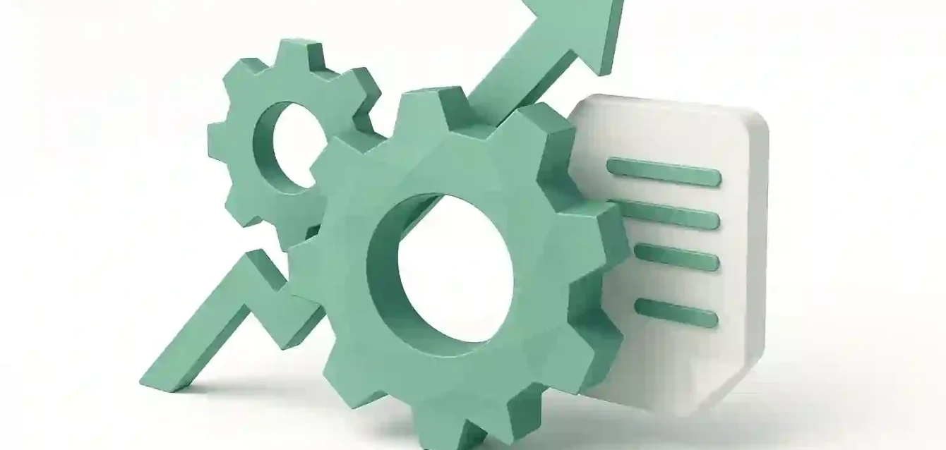 2026'da iş süreçlerini kolaylaştırmak için otomasyon, verimlilik ve süreç optimizasyonunu simgeleyen üç deniz mavisi dişli, yukarı ok ve belge simgesi