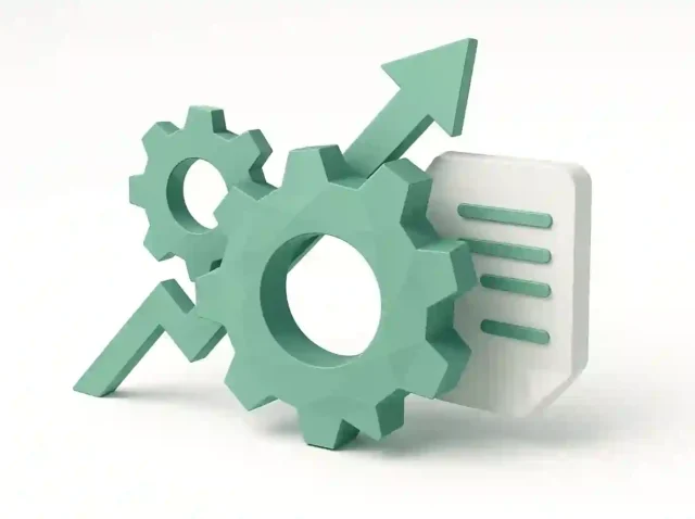 2026'da iş süreçlerini kolaylaştırmak için otomasyon, verimlilik ve süreç optimizasyonunu simgeleyen üç deniz mavisi dişli, yukarı ok ve belge simgesi