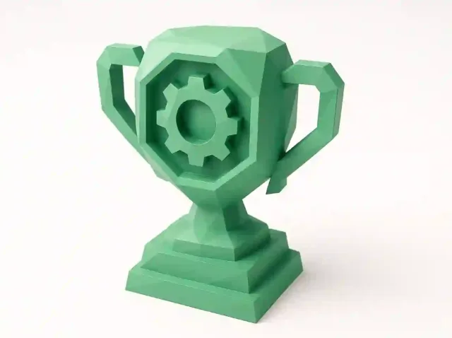 Green trophy with a gear emblem symbolizing AI automation and workflow optimization for affordable platforms in 2025