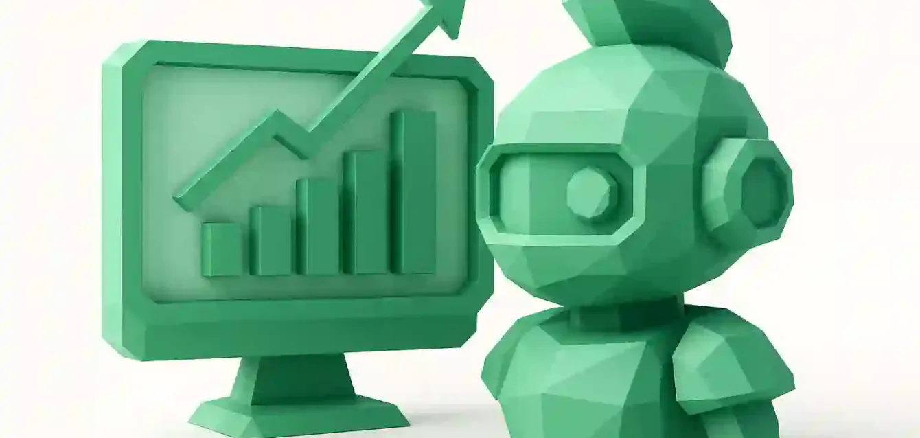 Top 10 AI Platforms for Digital Marketing - Robot and Analytics Growth Chart Green low-poly robot beside a monitor displaying an upward analytics chart, representing AI platforms for digital marketing growth