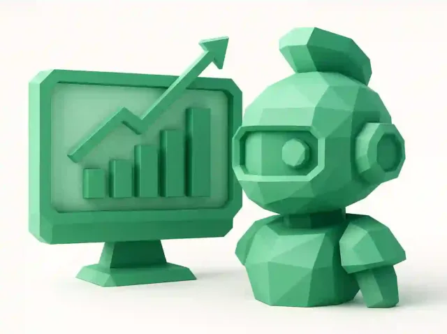 Green low-poly robot beside a monitor displaying an upward analytics chart, representing AI platforms for digital marketing growth
