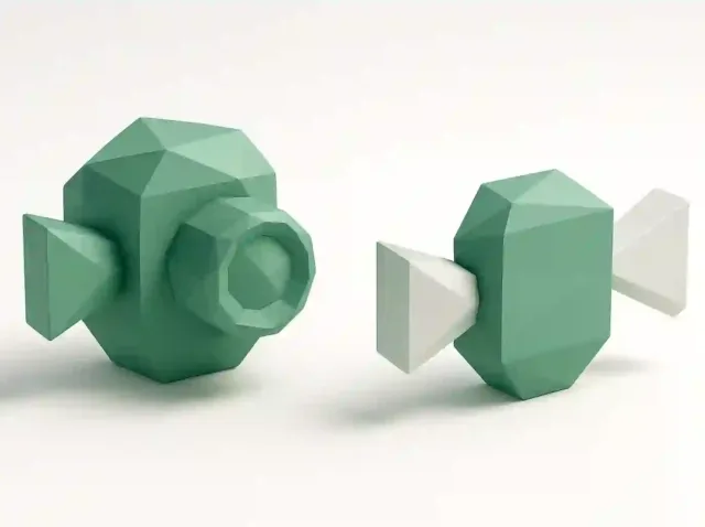 Two low-poly teal camera icons side by side representing Veo 3 and Kling, illustrating an AI video tool comparison for choosing the right platform.