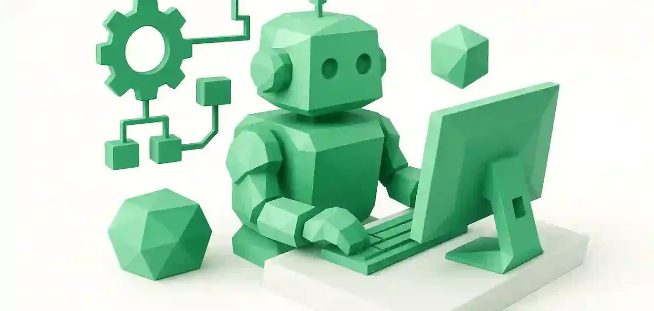 Green 3D robot typing at a computer with gear and workflow icons, representing AI automations for business transformation.