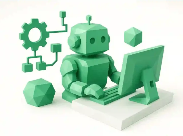Green 3D robot typing at a computer with gear and workflow icons, representing AI automations for business transformation.