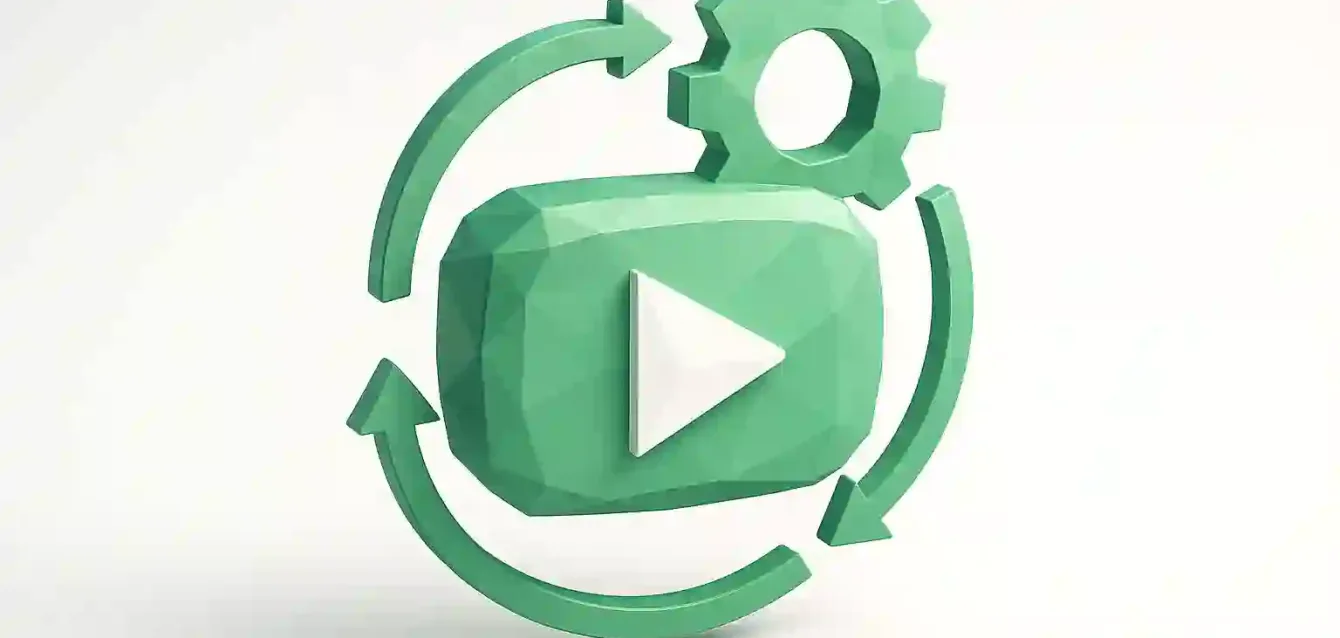 YouTube Automation 2025 - AI Workflow & Growth Tips Icon Green 3D play button with surrounding circular arrows and gear, symbolizing YouTube automation and AI workflow for 2025 growth tips