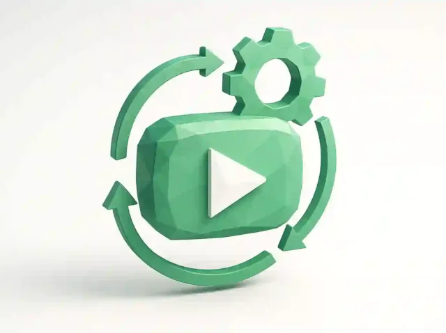 Çevresinde dairesel oklar ve dişli bulunan yeşil 3D oynatma düğmesi, 2025 büyüme ipuçları için YouTube otomasyonunu ve yapay zeka iş akışını simgeliyor