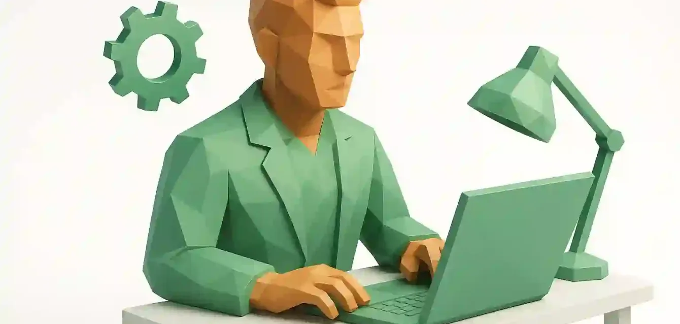 Zapier Automation Expert for Smarter Workflows — Low-Poly Office Illustration Low-poly illustration of a professional at a laptop with a gear icon and desk lamp, representing a Zapier automation expert for smarter workflows