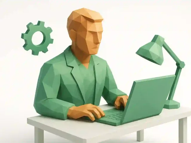 Low-poly illustration of a professional at a laptop with a gear icon and desk lamp, representing a Zapier automation expert for smarter workflows