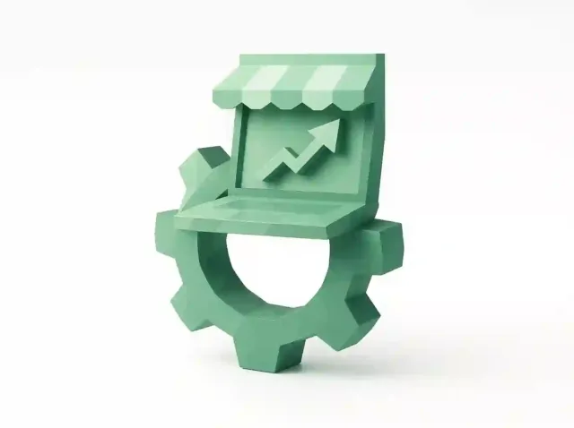 3D mint-green icon of a small storefront integrated with a gear and upward arrow, representing Zapier automation, streamlined workflows, and scalable growth for small businesses.