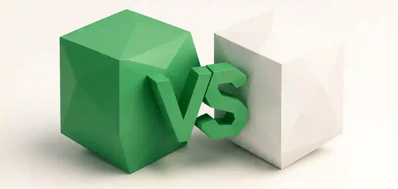 Zapier vs Make.com - 3D VS Cubes Illustrating Automation Tools Comparison Stylized green and white 3D cubes with a prominent 'VS' between them, symbolizing a Zapier vs Make.com automation tools comparison