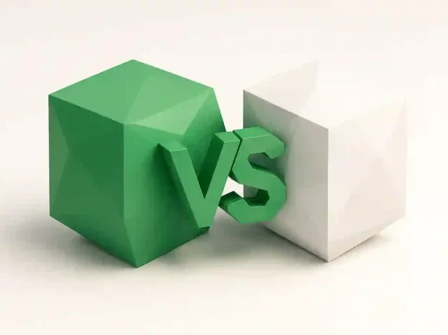 Stylized green and white 3D cubes with a prominent 'VS' between them, symbolizing a Zapier vs Make.com automation tools comparison