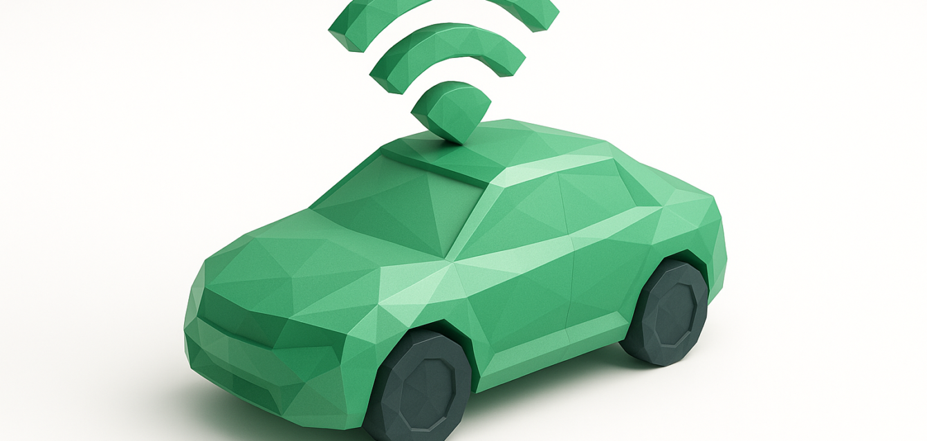 Low-poly green self-driving car with wireless signal icon above it, representing AI automation, connected vehicles and a self-driving enterprise