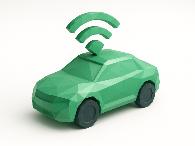 Low-poly green self-driving car with wireless signal icon above it, representing AI automation, connected vehicles and a self-driving enterprise