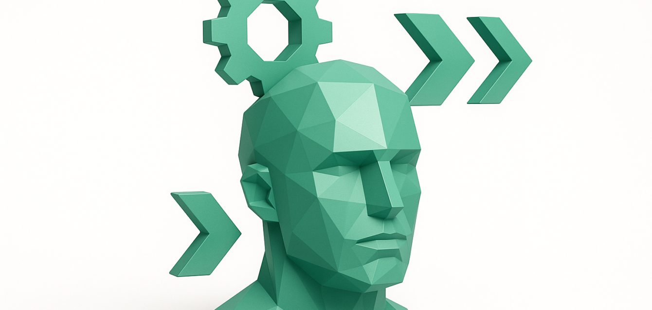 AI-Driven Debugging 2026 — Geometric Head with Gear and Arrows Teal low-poly human head with a gear and forward arrows symbolizing AI-driven debugging workflow, automated problem-solving, and machine-learning aided code analysis for 2026.