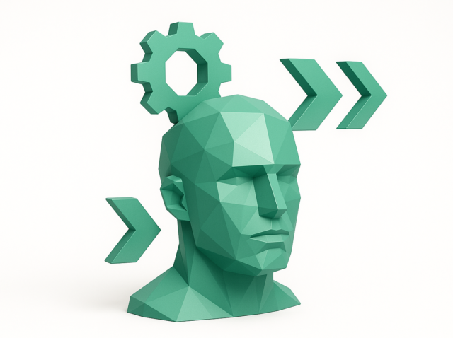 Teal low-poly human head with a gear and forward arrows symbolizing AI-driven debugging workflow, automated problem-solving, and machine-learning aided code analysis for 2026.