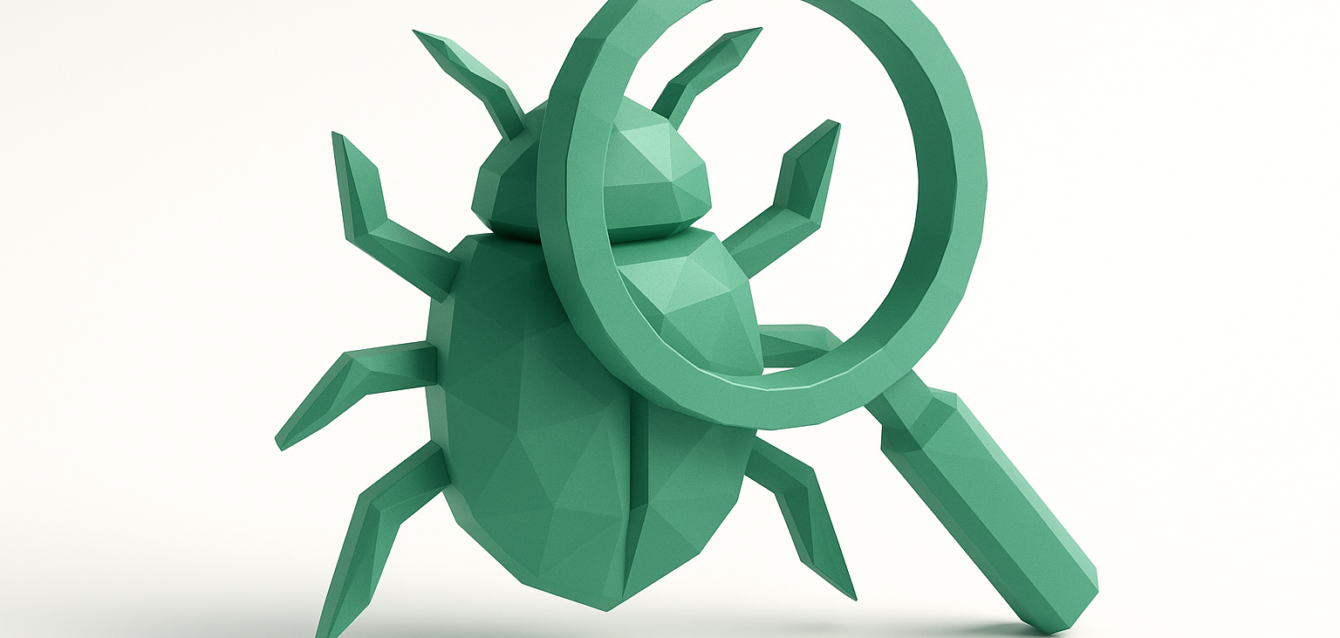 AI-Driven Debugging for Modern Teams — Magnified Bug Detection Low-poly green bug under a magnifying glass representing AI-driven debugging and automated bug detection for modern development teams