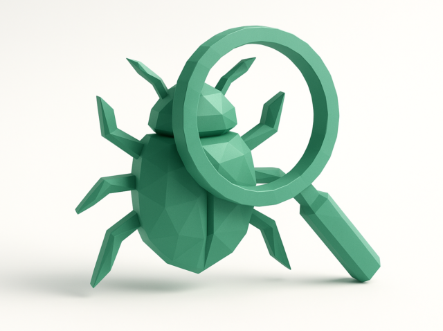 Low-poly green bug under a magnifying glass representing AI-driven debugging and automated bug detection for modern development teams