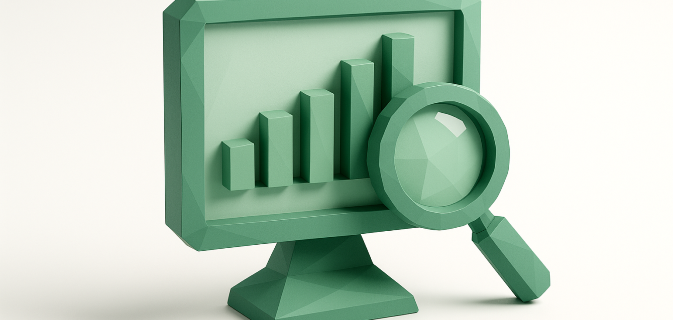 Analyzing Data with Gemini 3 - Monitor Showing Bar Chart and Magnifying Glass Green low-poly 3D computer monitor displaying an ascending bar chart with a magnifying glass in front, symbolizing data analysis and visualization for Gemini 3