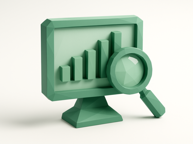Gemini 3 için veri analizi ve görselleştirmeyi simgeleyen, önünde bir büyüteç bulunan artan bir çubuk grafik gösteren yeşil düşük poli 3D bilgisayar monitörü