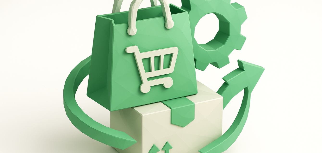 Automate WooCommerce Orders with n8n Green shopping bag and package with gear and circular arrows representing automated WooCommerce order processing using n8n workflow automation