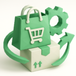Automate WooCommerce Orders with n8n 4 Green shopping bag and package with gear and circular arrows representing automated WooCommerce order processing using n8n workflow automation