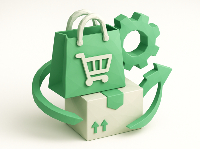 Green shopping bag and package with gear and circular arrows representing automated WooCommerce order processing using n8n workflow automation