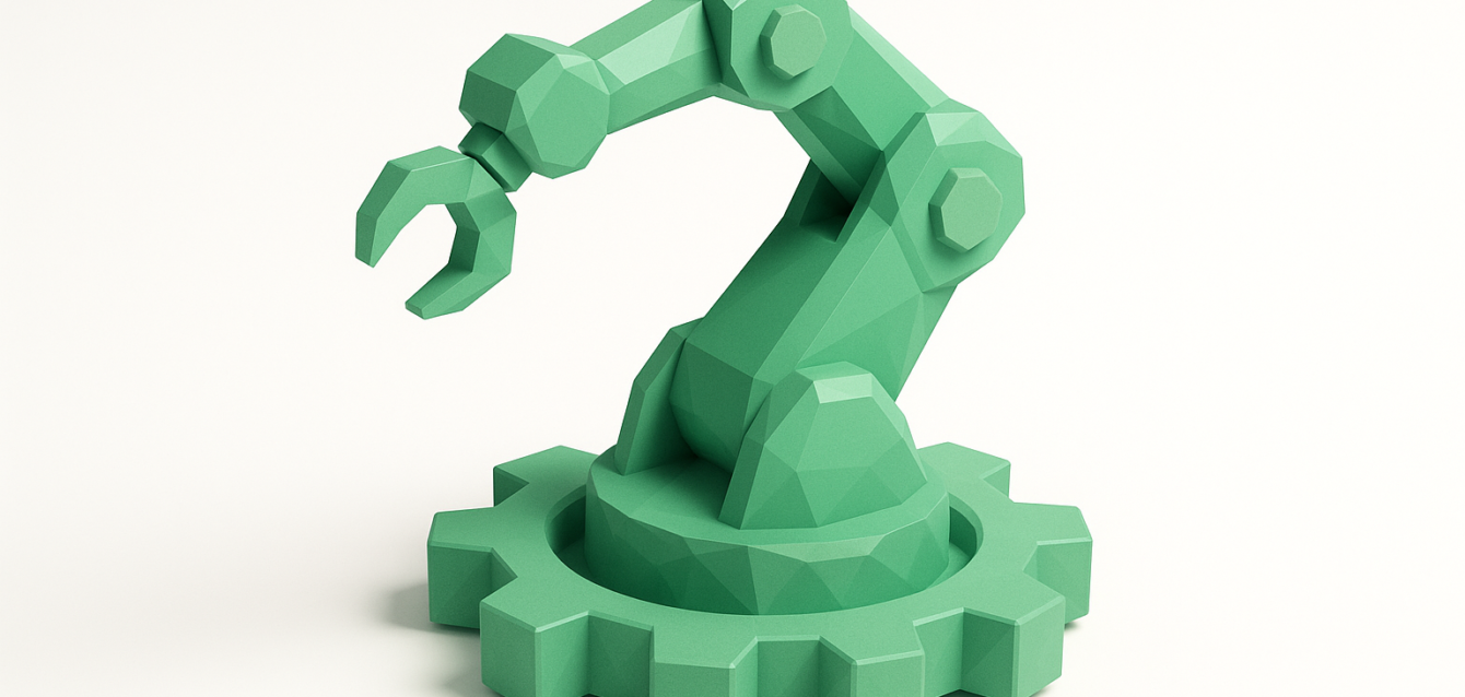 Robotic Arm on Gear — Automating Internal Tools and Building a Self-Driving Stack Low-poly green robotic arm mounted on a gear, symbolizing automation and a self-driving stack for automating internal tools