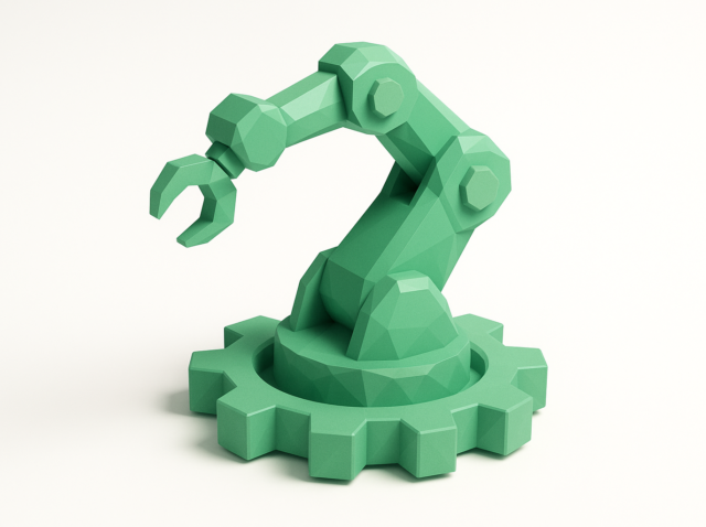 Bir dişli üzerine monte edilmiş düşük poli yeşil robotik kol, otomasyonu ve dahili araçları otomatikleştirmek için kendi kendini süren bir yığını simgeliyor