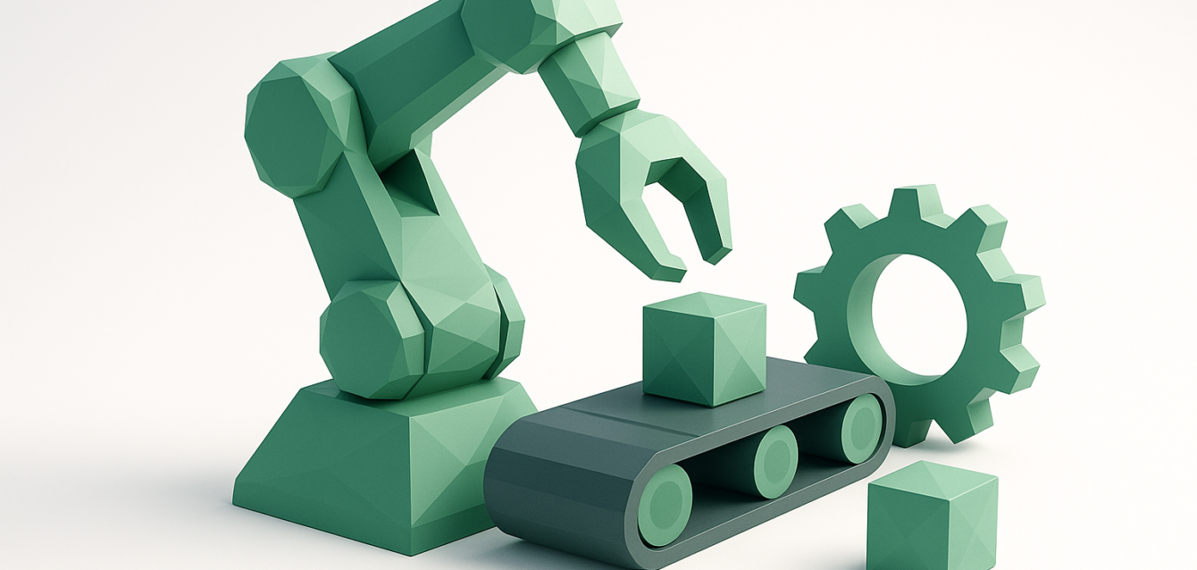 Low-poly green robotic arm picking a cube from a conveyor belt beside a gear, symbolizing no-code automation and streamlined business workflows for the 'Automating Without Code: 2026 Business Guide'.