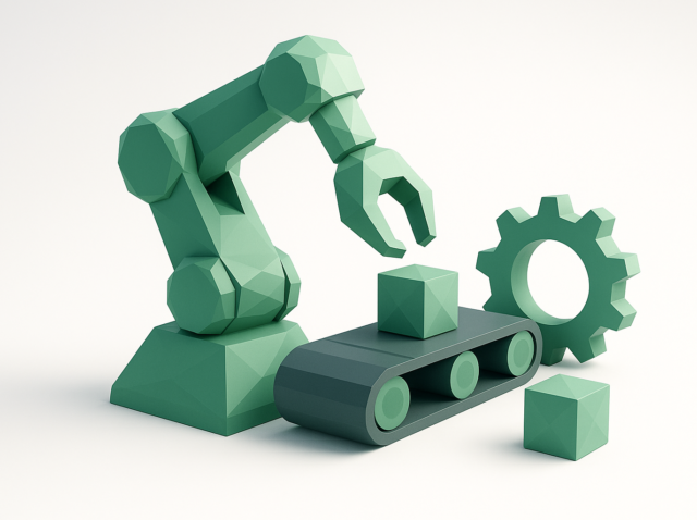 Düşük poli yeşil robotik kol, bir dişlinin yanındaki konveyör banttan bir küp alıyor ve 'Kodsuz Otomasyon' için kodsuz otomasyonu ve kolaylaştırılmış iş iş akışlarını simgeliyor: 2026 İş Rehberi' için.