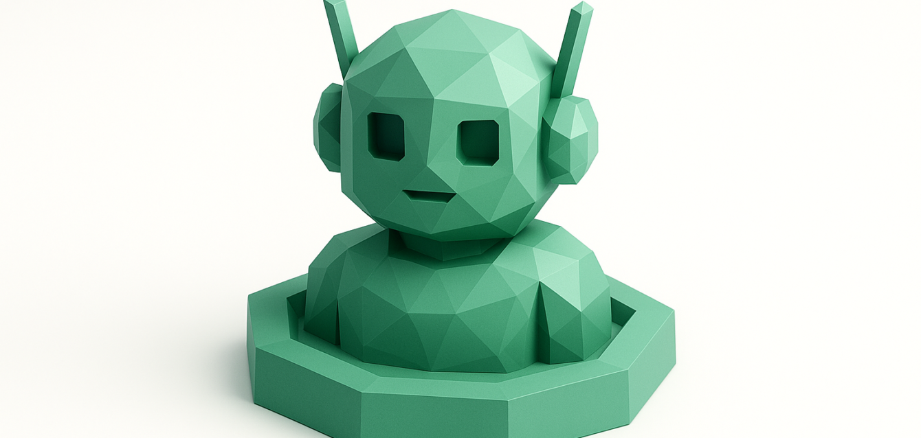 Best AI Automation Agencies 2026 — Green Low-Poly Robot Icon Low-poly green robot bust on an octagonal base against a white background — abstract AI automation icon for Best AI Automation Agencies in 2026.