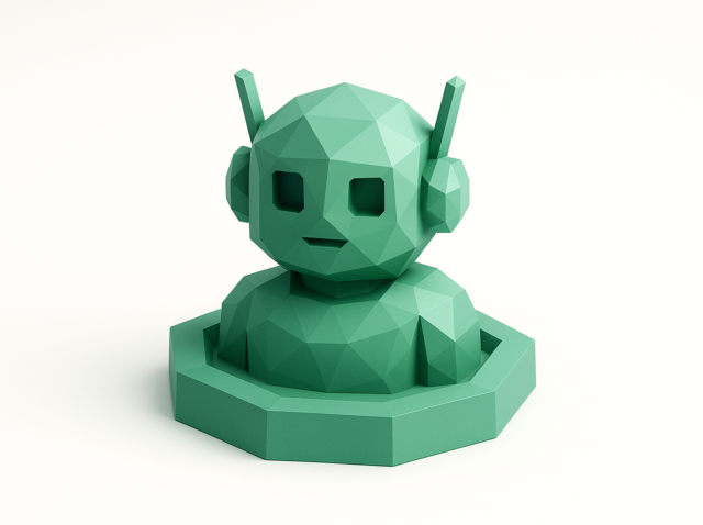 Low-poly green robot bust on an octagonal base against a white background — abstract AI automation icon for Best AI Automation Agencies in 2026.