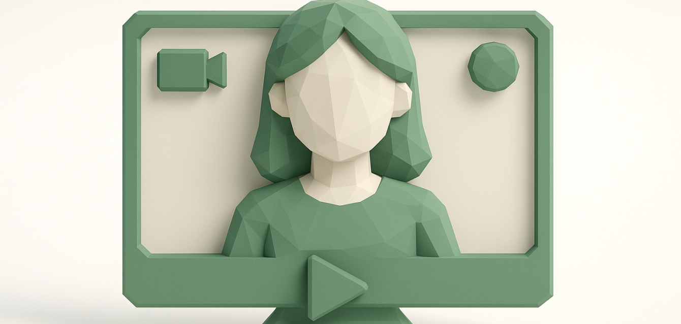 AI Influencer Video Generator 2026 - Low-Poly Virtual Avatar on Screen Minimalist low-poly virtual influencer avatar on a monitor with play icon, illustrating AI influencer video generator tools in 2026