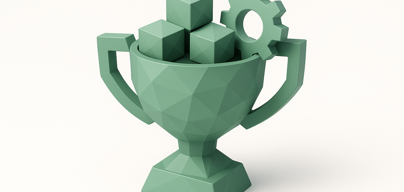 Best CRM Agencies (2026) - Trophy Symbolizing CRM Systems & Agency Partners Green trophy holding geometric cubes and a gear, symbolizing CRM systems and agency partners for Best CRM Agencies (2026)