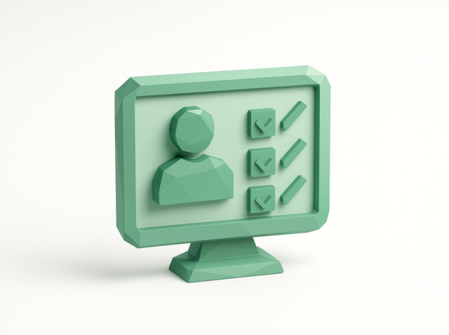 3D green monitor icon with a single user avatar and checklist, representing a single-user CRM dashboard for small solo users