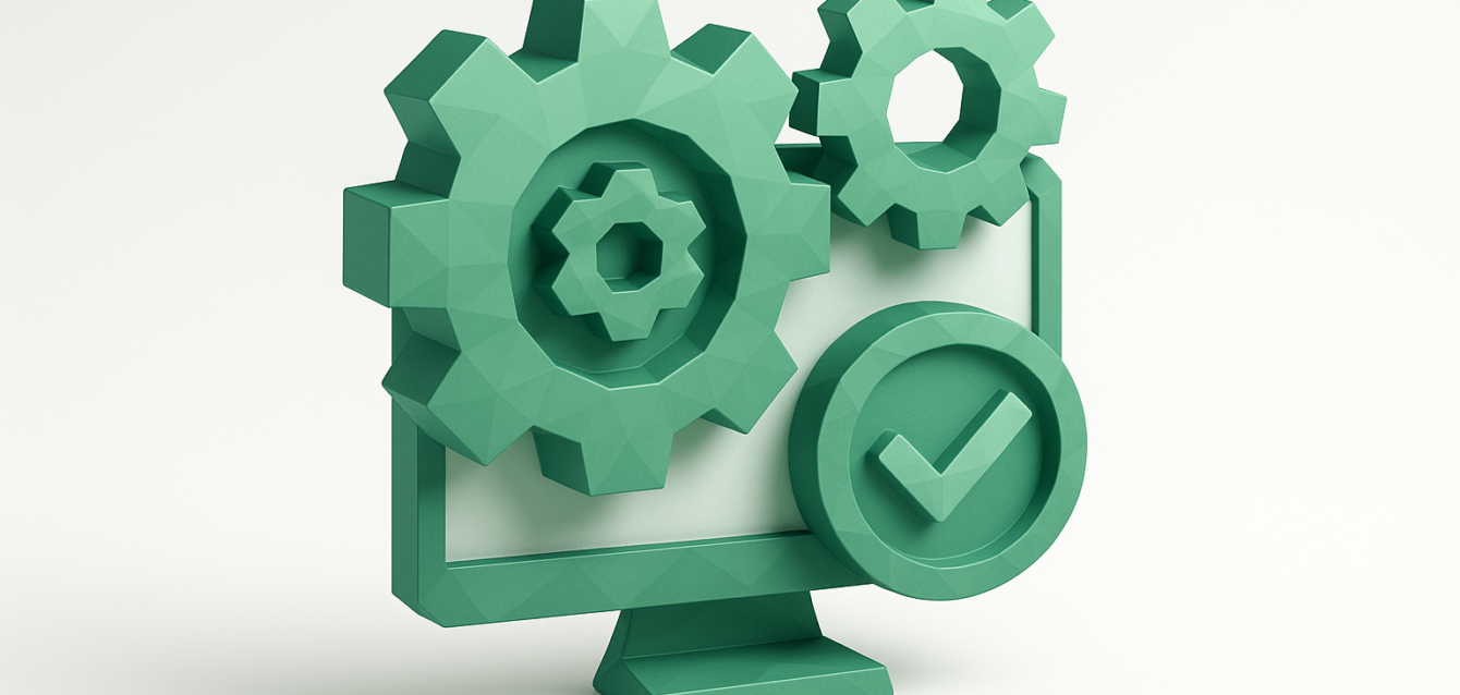 Green 3D computer monitor with interlocking gears and a checkmark, representing automation workflows and validated free tools for 2026