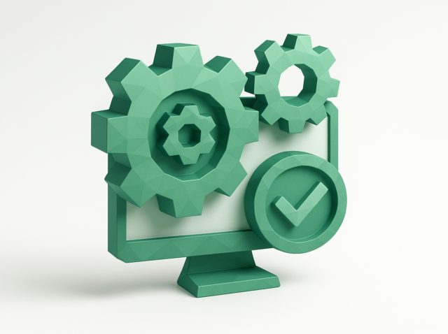 Otomasyon iş akışlarını ve 2026 için onaylanmış ücretsiz araçları temsil eden, birbirine kenetlenmiş dişlilere ve bir onay işaretine sahip yeşil 3D bilgisayar monitörü