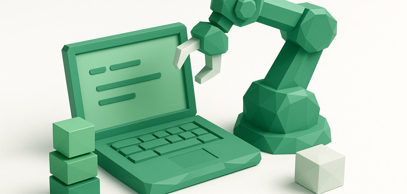 Build Automation Scripts Faster with AI — Robotic Arm and Laptop Low-poly green robotic arm arranging blocks beside a laptop showing script-like lines, symbolizing AI-assisted automation for building scripts faster.