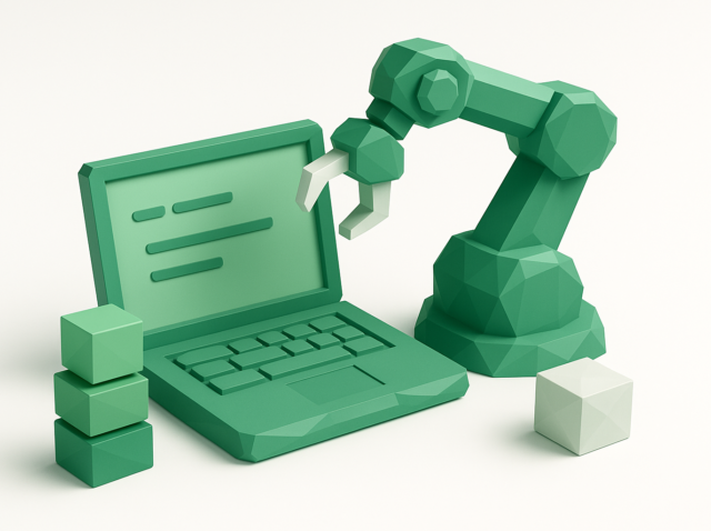 Low-poly green robotic arm arranging blocks beside a laptop showing script-like lines, symbolizing AI-assisted automation for building scripts faster.
