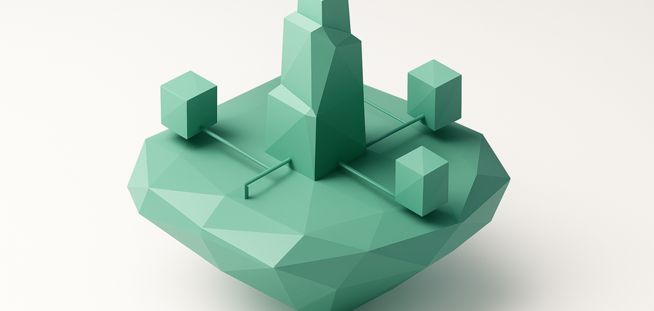 Teal low-poly floating island with a central hub tower connected by thin rods to four cube agents, representing a multi-agent system network in an antigravity environment.