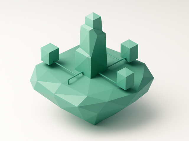 Teal low-poly floating island with a central hub tower connected by thin rods to four cube agents, representing a multi-agent system network in an antigravity environment.