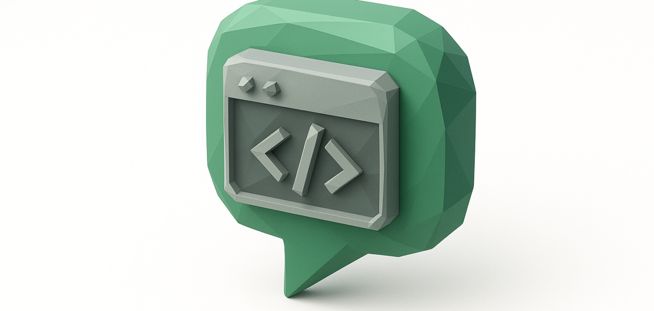 Chat with Codebase in Cursor — Code Navigation Icon 3D low-poly green speech bubble containing a gray code editor window with angle-bracket code symbols, representing chatting with a codebase to navigate a repository faster in Cursor.
