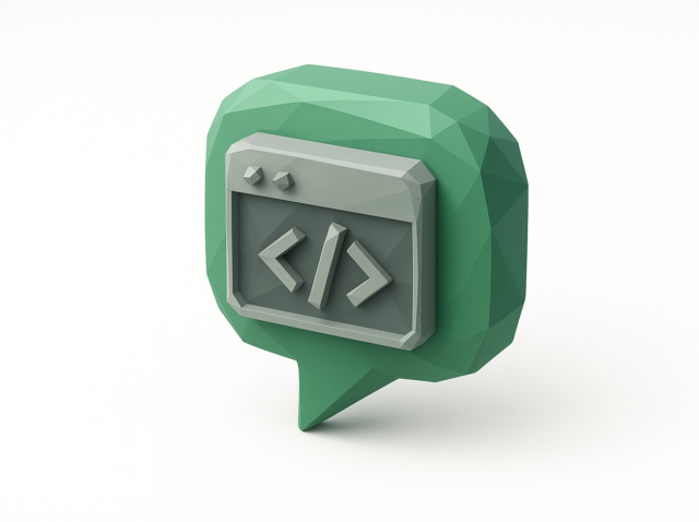 Cursor'da bir depoda daha hızlı gezinmek için bir kod tabanıyla sohbet etmeyi temsil eden, açılı ayraç kod sembollerine sahip gri bir kod düzenleyici penceresi içeren 3D düşük poli yeşil konuşma balonu.