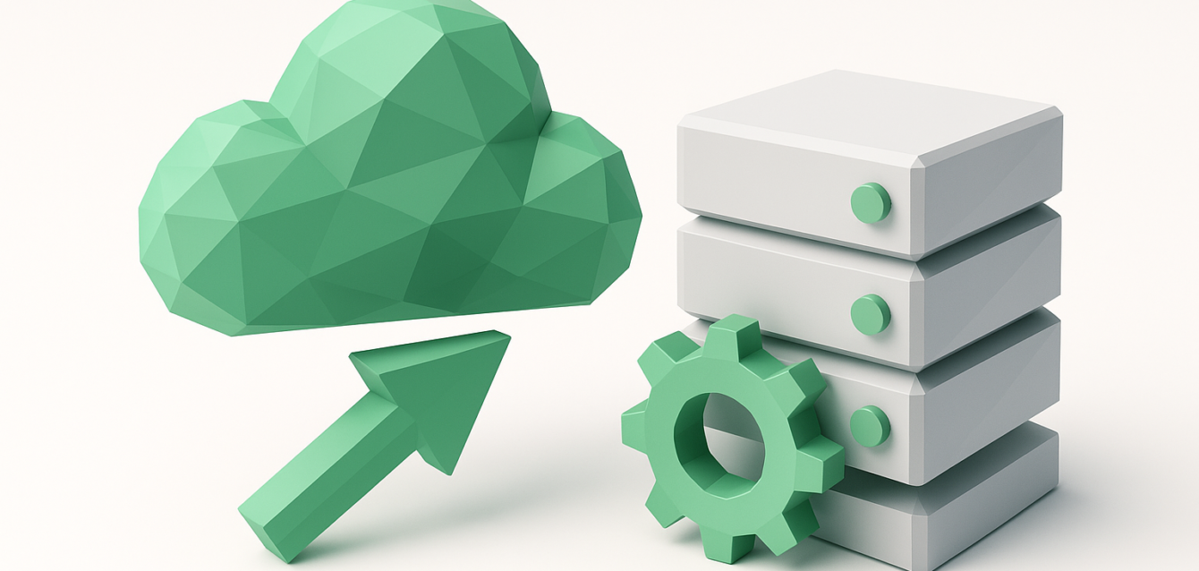 Green low-poly cloud with an upward arrow beside a stacked server rack and gear icon, illustrating cloud vs self-hosted automation decisions for DevOps and IT in a 2026 guide.