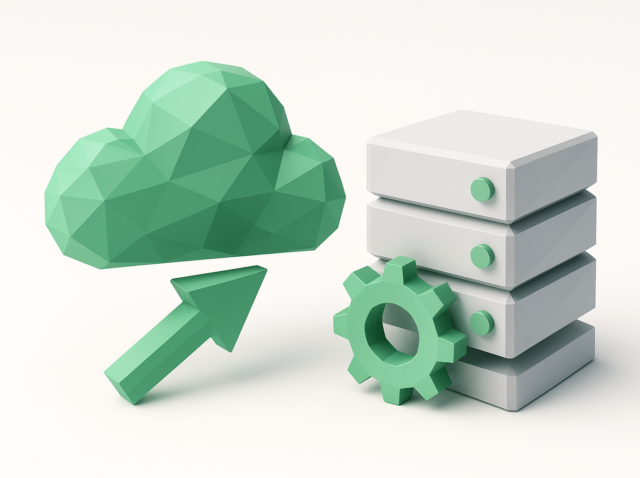 Yığılmış bir sunucu rafı ve dişli simgesinin yanında yukarı doğru bir ok bulunan yeşil düşük poli bulut, 2026 kılavuzunda DevOps ve BT için bulut ve kendi kendine barındırılan otomasyon kararlarını göstermektedir.
