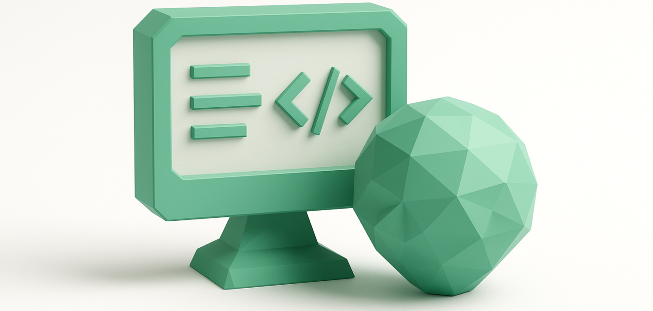 3D green illustration of a computer monitor displaying code brackets next to a faceted geometric head representing an AI brain, symbolizing LLM-assisted coding.