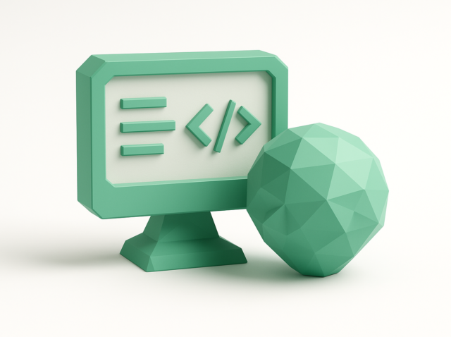 3D green illustration of a computer monitor displaying code brackets next to a faceted geometric head representing an AI brain, symbolizing LLM-assisted coding.