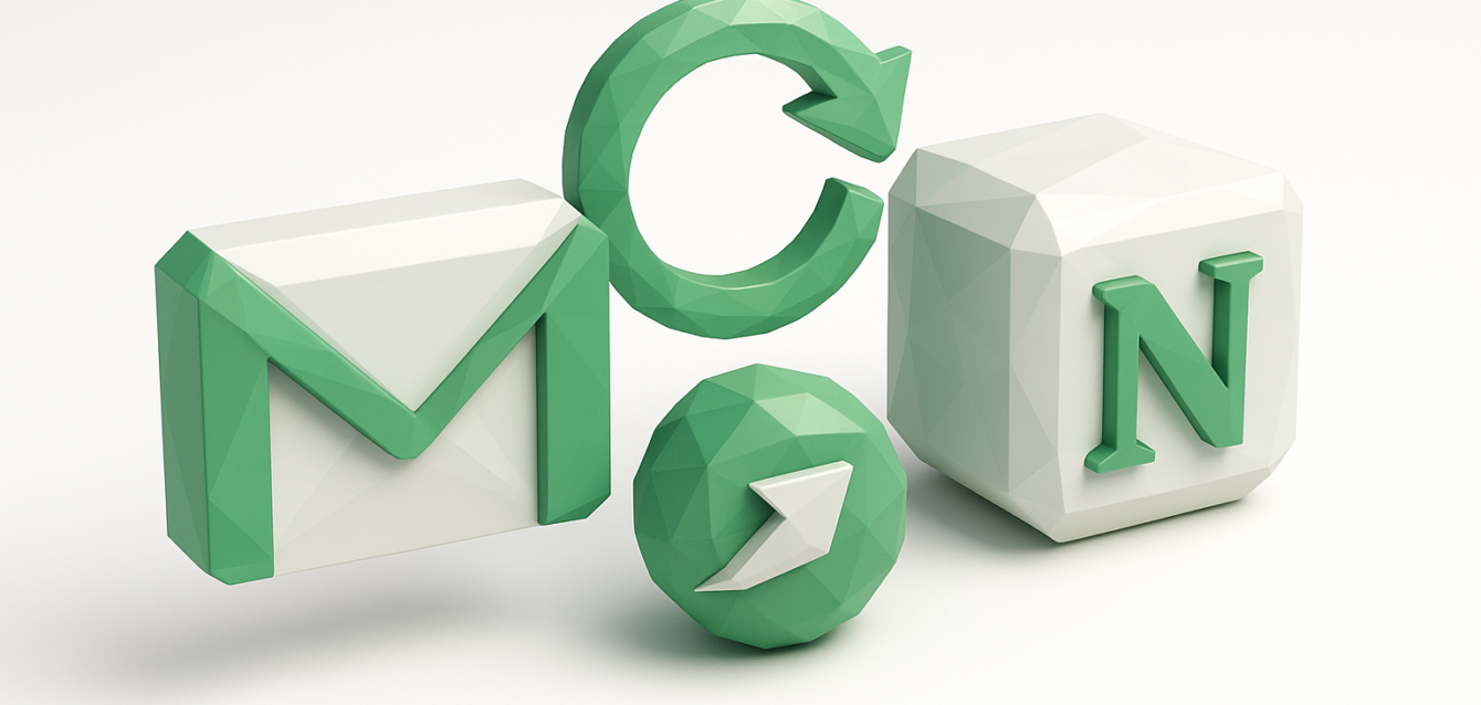 Connect Gmail to Notion with Make (2026) 3D green Gmail envelope icon, circular sync arrow and Make automation badge beside a Notion cube with an 'N', symbolizing connecting Gmail to Notion using Make automation (2026).