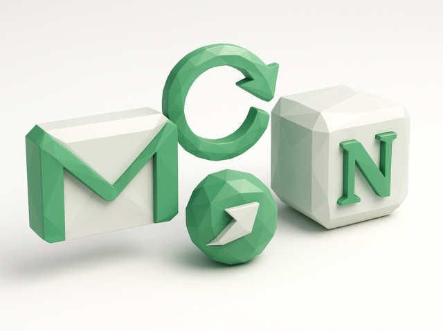 3D green Gmail envelope icon, circular sync arrow and Make automation badge beside a Notion cube with an 'N', symbolizing connecting Gmail to Notion using Make automation (2026).