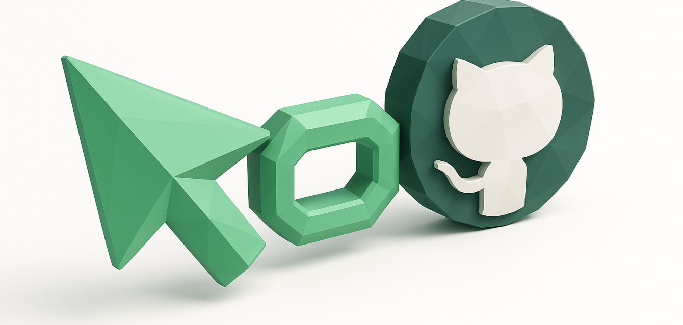 Connecting Cursor to GitHub Repositories — 2026 Integration Low-poly green cursor icon pointing through a link ring toward a GitHub Octocat emblem, symbolizing connecting Cursor to GitHub repositories.